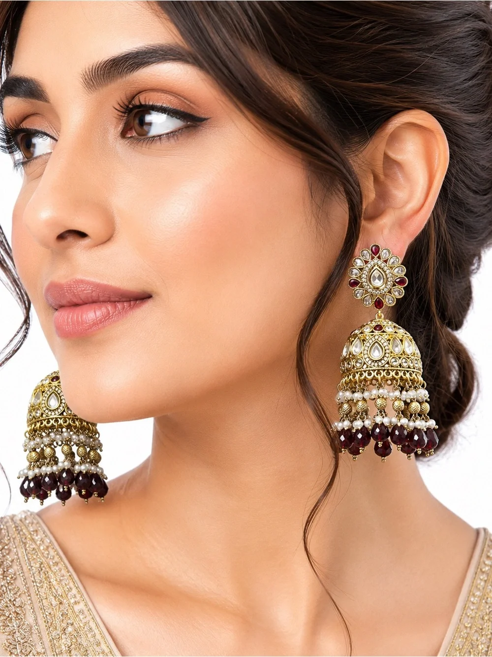 Gold and Maroon Jhumka Earrings - Elegant Women Jewelry